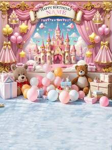 1pc Customizable Princess Birthday Party Banner With Name & Year, Pink Fairy Tale Castle Theme Backdrop Curtain, Back To School, Personalized Gift, Aesthetic - Multicolor - View 6