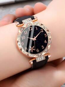 多件套时尚女士数字刻度石英表，带叶纹不锈钢表盘和皮革表带，女士手表，带不锈钢手链、颈链、耳环、戒指套装，适合日常佩戴，节日礼物 - 黑色 - 查看 8