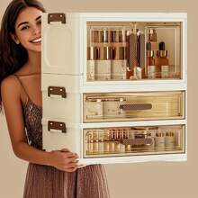 1pc Foldable Large Capacity Makeup Storage Cabinet, File Storage Box, Large Capacity Drawer Storage Box, Transparent Drawer Cabinet, Suitable For Storing Cosmetics, Skincare, Files And Books