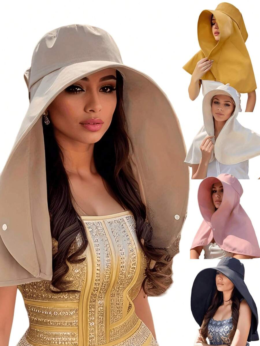 1 件装春夏季女士帽子户外防紫外线防颈遮阳帽钓鱼徒步大帽檐披肩防晒马尾帽纯色 - 1個 - 查看 1