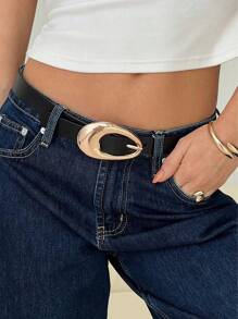 Plus Size Y2K Style Retro American Vintage Black PU Leather Geometric Metal Buckle Belt, Simple & Elegant Accessory For Parties, Music Festivals, And Daily Wear Summer, School