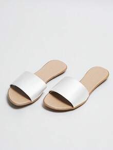 Sandalias planas para mujer,acabado metálico, uso diario casual con punta abierta, chanclas planas para sesión de fotos en la playa, sandalias con tiras azules, sandalias de mujer, zapatos de mujer, chanclas de mujer, sandalias doradas, zapatos de verano - Blanco - Ver 2