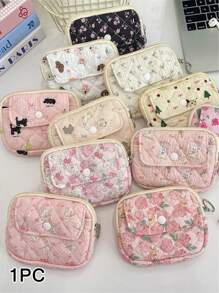1pc Kawaii Quilted Flower Print Coin Purse With Bunny/Bowknot/Little Bear Pattern,Multifunctional Card Holder, Ins Style Korean Coin Purse Digital Bag Storage Bag.Portable And Stylish-Makeup Bag Portable Travel Toiletry Bag