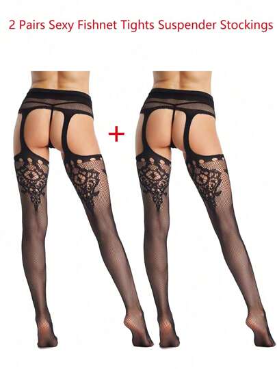 2 paires de bas résille noirs pour femmes avec porte-jarretelles, collants résille à taille haute ajourés, lingerie sexy, bas résille transparents et très élastiques, porte-jarretelles et collants résille, collants sans entre-jambe, bas pour longues jambes pour Noël, Nouvel An, Saint-Valentin