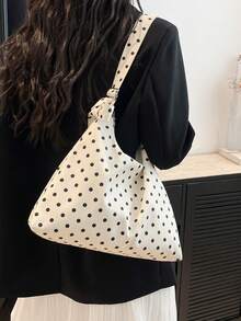Women's Shoulder Bag, Fashionable Polka Dot Crescent Shape Cloth Handbag , Polka Dot - White - View 4