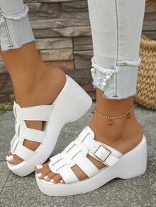 大码女式夏季新款欧美时尚罗马凉鞋，白色笼状金属扣厚底拖鞋，舒适百搭高跟拖鞋，适合日常穿着、派对、度假