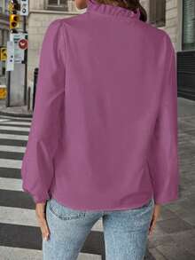 Women's Ruffled Cotton Casual Long-Sleeved Shirt, Elegant Vacation Top - Màu tím - Xem 3