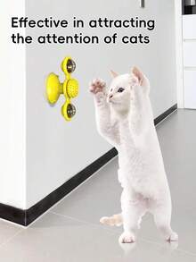 Juguete para gato con base de ventosa, rotación de molinete, tabla de rascado y cepillo, con 2 compartimientos transparentes para contener bolas luminosas, campanas y bolas de menta para atraer gatos/mascotas pequeñas. Mueva suavemente el molinete para que gire.