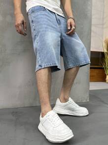 HEHCN Men's Front Button Pocket Casual Denim Shorts, Vintage Washed Blue Retro American Streetwear Bermuda Jeans, Suitable Gift For Boyfriend, Husband