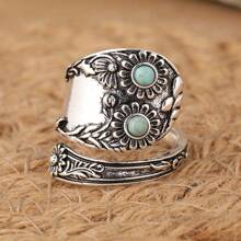 1pc Vintage Carving Open Ring With Geometric Turquoise Design, Creative Women's Jewelry For Daily Gatherings
