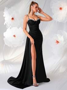 ADYCE Rhinestone Strap Ruched High Waist Long Slit Open Back Tie Ball Gown Formal Evening Dress, Party Dress, For Wedding Guest - Black - View 9