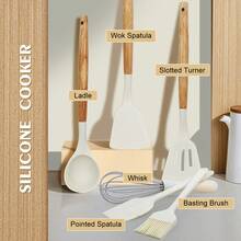 ABKOK 1pc/3pcs/12pcs Nonstick Cookware Set With Wooden Handles - Includes Frying Pan, Stockpot, Breakfast/Crepe Pans & Silicone Utensils (Hangable Design, Universal Stove Friendly & Effortless Cleaning)