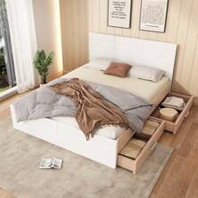 Cama doble de madera con cajones, cama con canapé, estructura de cama con somier, para dormitorio, habitación de invitados, habitación juvenil, sin colchón, blanco+roble - Blanco - Ver 2