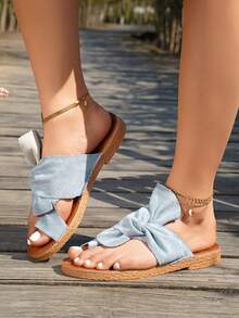 彩虹蝴蝶结装饰女士平底凉鞋，舒适按摩鞋底彩色沙滩拖鞋 - 淺藍色 - 查看 3