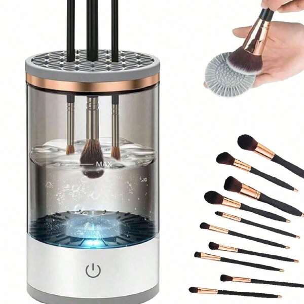 1 USB-aangedreven elektrische make-upkwastenreiniger - Een onmisbaar accessoire voor huishoudelijke beautytools met geurloze, batterijloze, diepe reiniging en steriele functies, transparant ontwerp, blauw LED-indicatielampje, speciaal make-upreinigingsgereedschap