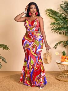 BIUBIU 女式夏季性感时尚热带色彩纹理印花吊带无袖上衣和紧身臀部长裙两件套，适合度假休闲、沙滩玩乐