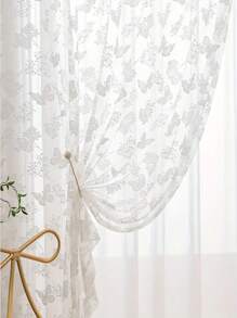 1pc Elegant French Romantic Butterfly & Floral Embroidered Sheer Curtain - Lightweight Polyester, Rod Pocket Top Design For Easy Installation, Suitable For Living Room, Bedroom, Glass Window Curtain, Decorative Curtain