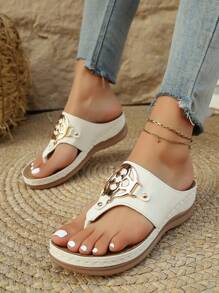 1 Paar Damen Boho Strass Knopf Plateau Keilsandalen, für Strand, Zuhause, Büro, Frühling/Sommer