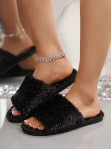 Women's Spring/Autumn Fluffy Furry Slip-On Slippers, Fashion Glitter Strap Open Toe Soft Sole Non-Slip Flat Sandals For Bedroom/Indoor,Gift For Mom, Black/Pink/Grey