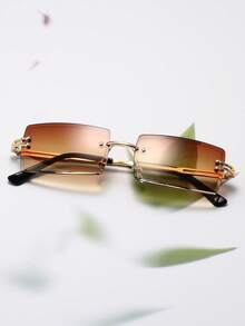 1pc Metal Frameless Rectangular Fashion Gradient Fashion Glasses, Suitable For Outdoor Travel Rectangular Shape Shades - Shuanglan - View 3