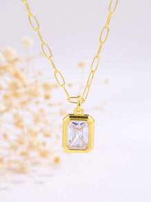 Elegant Gold Plated Alloy Synthetic Gemstone Crystal Square Pendant Geometric Cut Design Women's Pendent Necklaces For Daily & Party Occasions