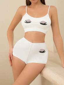 2 pezzi Pigiama donna con stampa di ciglie, morbido e comodo abbigliamento da notte e loungewear per primavera e estate