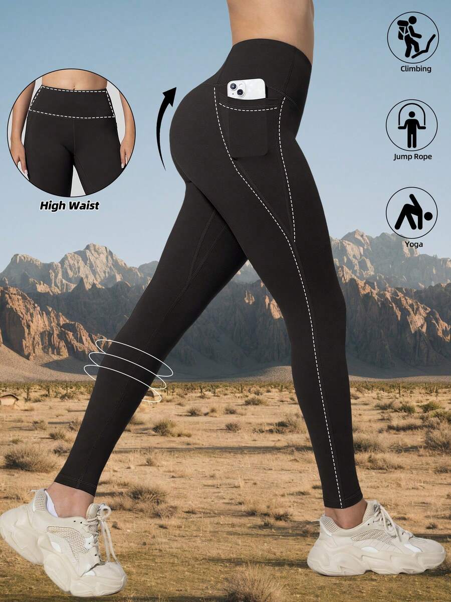 Women Outdoor Sports Base Layer Pants, High Waist Tummy Control Fitness Leggings With Side Pockets, Spring/Summer - Black - View 1
