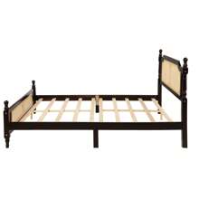 Queen Pine Wooden Bed With Rattan Headboard And Footboard, With Central Enhanced Bed Platform,Espresso