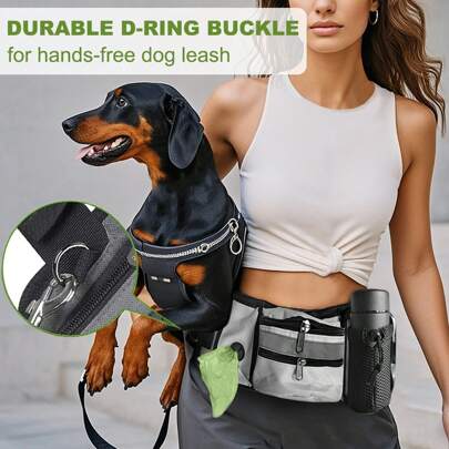 Riñonera para mascotas para pasear perros, con hebilla en D para dejar las manos libres, riñonera ajustable con tiras reflectantes, bolsillos para snacks, dispensador de bolsas para excrementos, portabotellas de agua, ideal para senderismo, correr y entrenamiento al aire libre