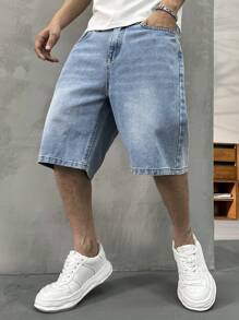 HEHCN Men's Front Button Pocket Casual Denim Shorts, Vintage Washed Blue Retro American Streetwear Bermuda Jeans, Suitable Gift For Boyfriend, Husband