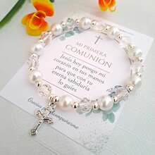 Pulseras ajustables Recuerdo Primera Comunión Cristal y Perla Blanca con bolsita de celofán - BLANCO 20PIEZAS - Ver 6