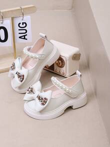 1 Pair Fashion Cute Ribbon & Pearl Hook And Loop Non-Slip Wear-Resistant Shoes For Girls, Suitable For Outdoor, Everyday, Party, School Use In Spring & Autumn - Beige - View 4