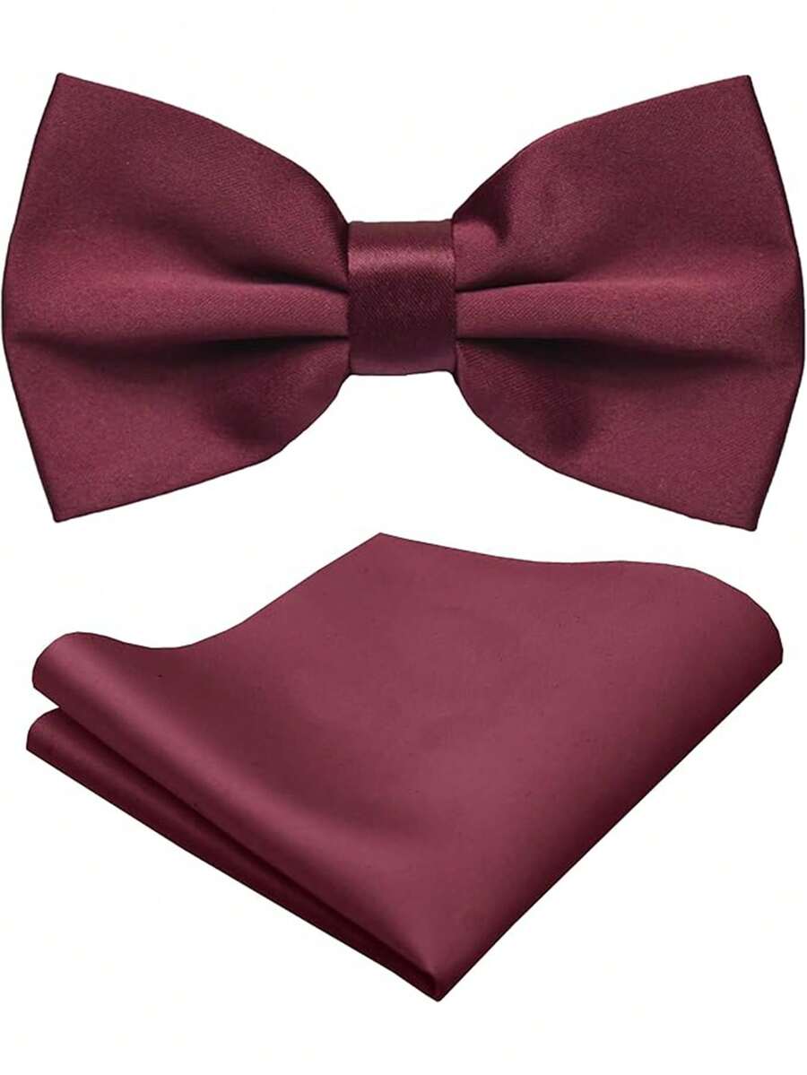 1 Set Men's Solid Color Formal Bowtie & Pocket Square Set, Wedding Groom Necktie Suit Handkerchief 2 Pieces Set, Men's Gift (Pocket Square Size: 22x22cm) - Wine Red - View 1
