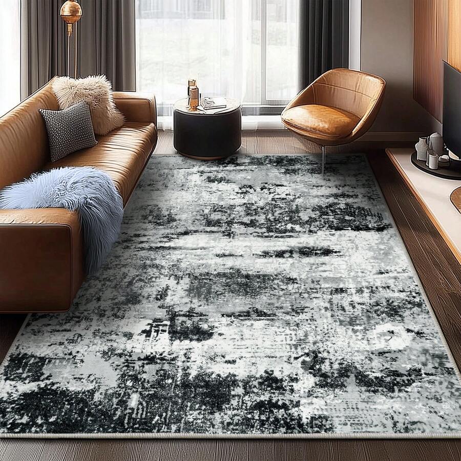 Area Rugs, Modern Abstract Washable Rug For Living Room, Stain Resistant Non-Shedding Distressed Area Rug With Non Slip Backing For Bedroom - Đen và trắng - Xem 1