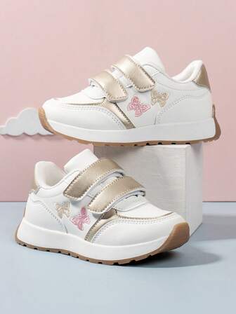 1 par flick-/barnskor med fjärilsbroderi, färgblocksdesign i vintagestil, slitstarka, halkbeständig, lämplig för vår, sommar, höst och vinter