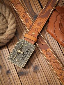 1pc Western Style Bull Head Buckle PU Embossed Belt With Rivet Design, Vintage & Personalized (Hole Puncher Included) Halloween, Casual, Business, Street,   Boho, Western, Outdoor, Gift For Men, Husband, Boyfriend, Father, Dad, Christmas - As Shown - View 6
