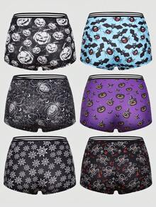 Dircho 6pcs Women Gothic Halloween Skulls Print Contrast Binding Boyshorts, Comfy & Soft Elastic Waist Intimates Panties, Women's Lingeries & Underwear - Multicolor - View 2