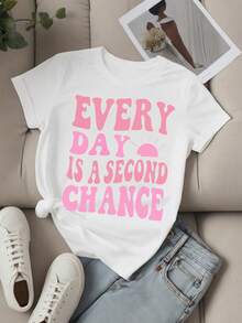 Slogan Print Casual T-Shirt For Women, Minimalist Fashion Vacation Daily Wear, Solid Color - White - View 1