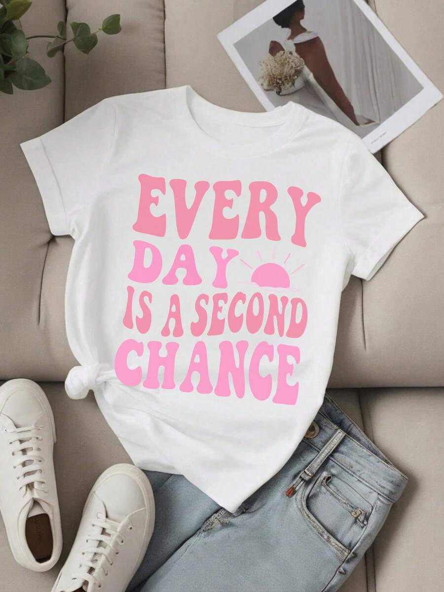 Slogan Print Casual T-Shirt For Women, Minimalist Fashion Vacation Daily Wear, Solid Color - White - View 1