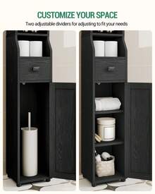 HaluPeit Bathroom Storage Cabinet, Narrow Toilet Paper Storage Cabinet, Tall Toilet Paper Holder With 2 Doors And 1 Drawer, Bathroom Organizer With Adjustable Shelf, 1 Hook For Small Spaces,Home Decor, Black - Black - View 4