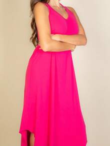 Women's Elegant Sleeveless V-Neck Knitted Fabric Long Dress With Asymmetrical Hem And Split Thigh Casual Loose Fit - 紫紅色 - 查看 7