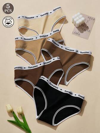 5 件套休闲运动棉质内裤套装，带字母和心形印花，女士透气弹力内衣