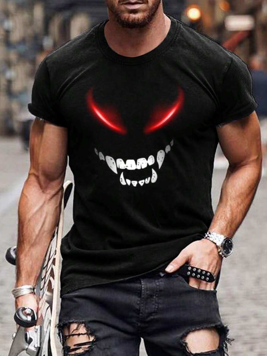 Camiseta de manga corta con cuello redondo y gráfico divertido del diablo para hombre en verano - Negro - Ver 1