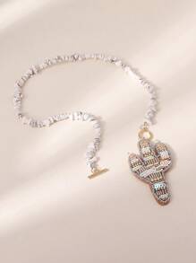 1 Stück handgemachte boho-Stil Halskette mit Naturstein Perle, Stoff Kaktus & Seepferdchen Anhänger, geeignet für Damen Strand Urlaub, Lässig Alltag, Reisegeschenk für Familie und Freunde. Handgefertigt, leichte Abweichungen in Form, Zubehörmenge und Farbe können auftreten.