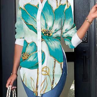 بلوزة نسائية فضفاضة رقيقة ذات ياقة وأكمام طويلة بطبعة أومبير الزهرية لموسم الربيع/الصيف،موضة كاجوال جديدة