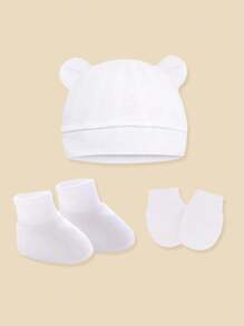1Set Newborn Baby Hospital Hats Beanie With Cute Ear Infant Caps Baby Boys Girls No Scratch Mittens Set For 0-6 Months