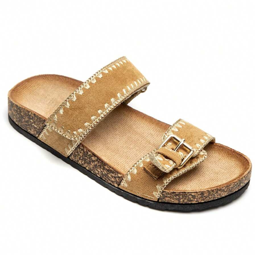 Sandals And Semelle Effet Liège Avec Brides Doubles And Boucle Réglable – Style Bohème Décontracté - Camel - View 1
