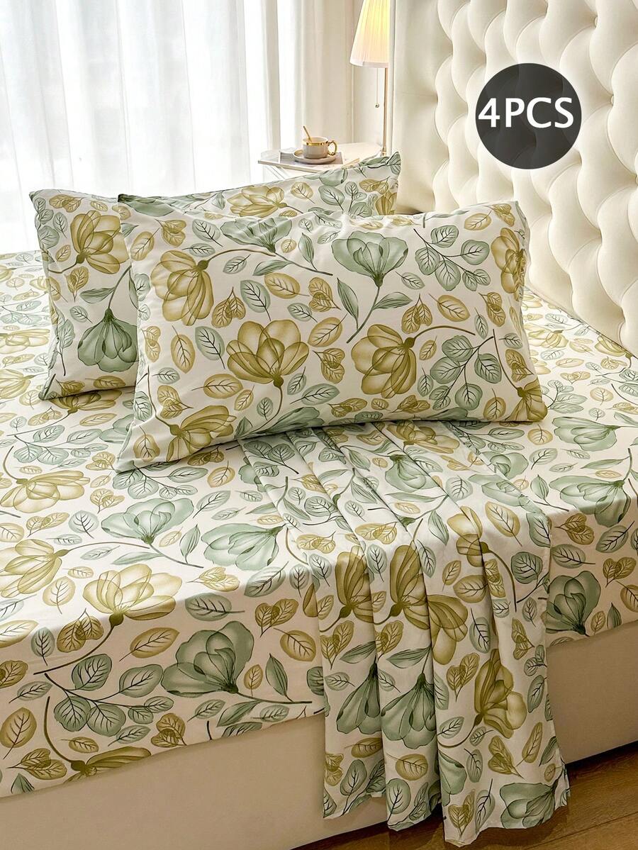 4件套100%涤纶印花床上用品套装（2个枕套+1个床单+1个床笠），现代涤纶床上用品套装，四季皆宜