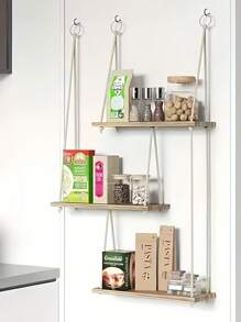 1pc 60.5cm三层波西米亚风壁饰收纳架植物架浮动架新波西米亚风房间装饰架木质搁板客厅壁挂绳饰架小花架卫浴用品收纳架实木收纳架植物收纳架花架房间收纳架挂钩木架