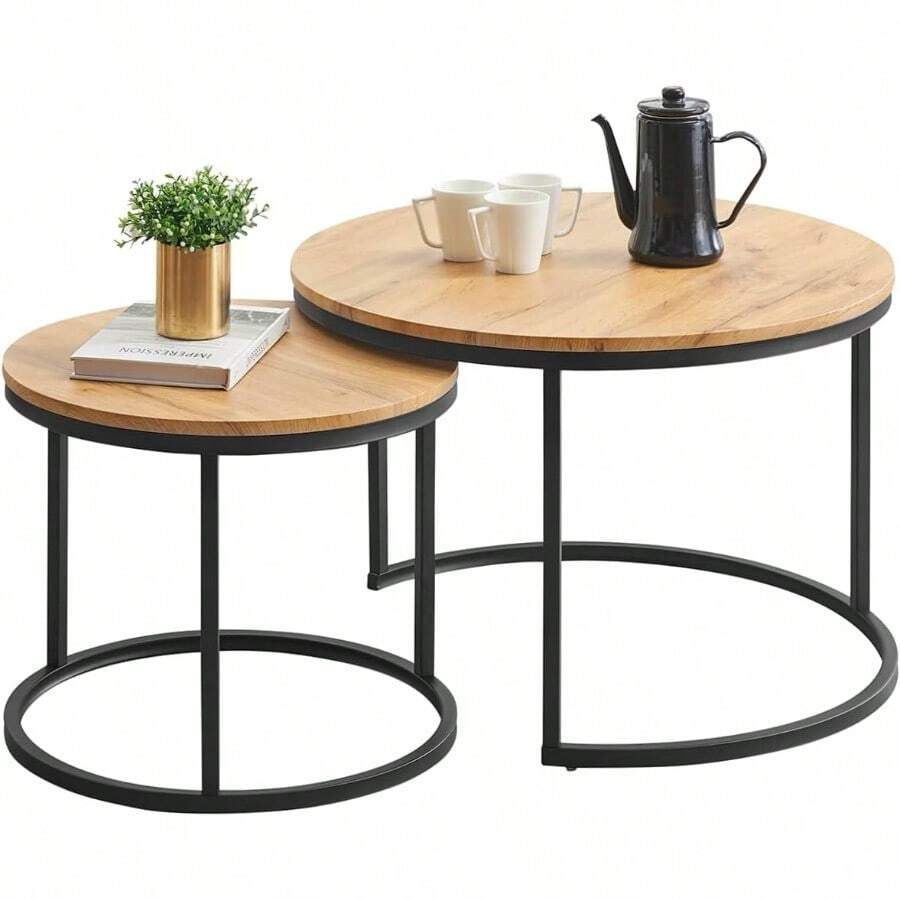 Soayone Couchtisch 2er Set Moderne Couchtische mit Schwarz Metalestell Couchtisch Eiche Couchtisch Rund Schwarz Living Room Table Kaffeetisch Wohnzimmertisch Holz 70x70x45 and 50x50x35 cm - Eichenarbe&Schwarzer1 - Übersicht 1